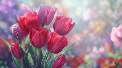 Bouquet of red tulips on a bokeh background. 3D rendering. Seasonal flowers.
