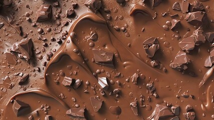 Texture of chocolate ice cream with chocolate pieces and chocolate chips, 3D rendering, top view, organic dessert.