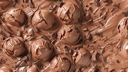 Texture of chocolate ice cream with chocolate pieces and chocolate chips, 3D rendering, top view, organic dessert.