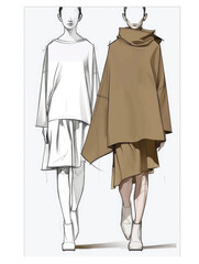 fashion sketching of an Oversized regular top with skirt，Minimalist asymmetrical style .With simple lines and flat shapes, illustration made with generative AI