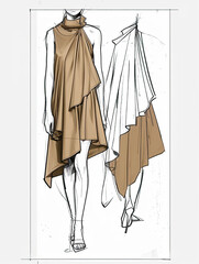 fashion sketching of an Oversized regular top with skirt，Minimalist asymmetrical style .With simple lines and flat shapes, illustration made with generative AI