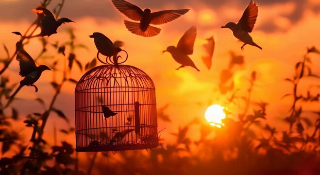 Chained birds soaring free, birdcage breaking apart