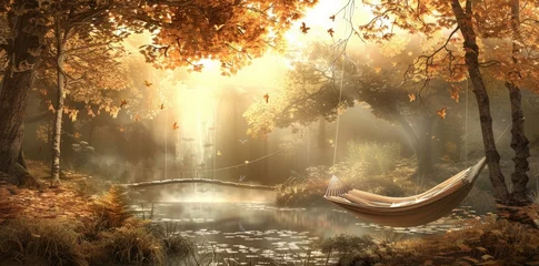 Schilderijen op glas A beautiful autumn scene with a lake and a hammock © Irfanan