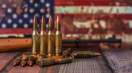 Ammunition with an American flag and handgun in the background symbolizing Second Amendment rights