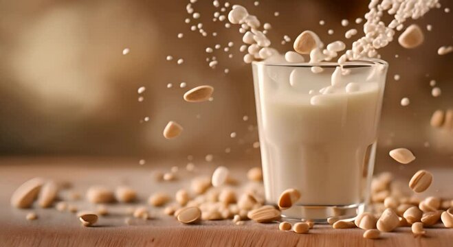 background with milk and nuts, replace glass with packshot