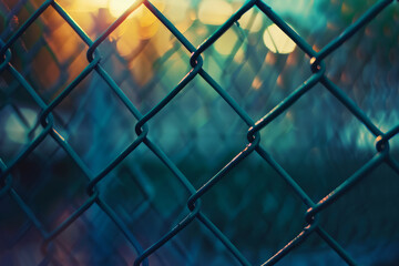 Close-up of a chain-link fence with a blurred sunset background