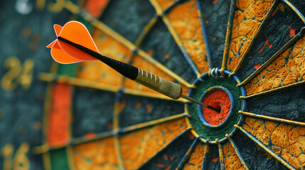 Dart in bullseye of a target, symbolizing precision and focus in a game of darts