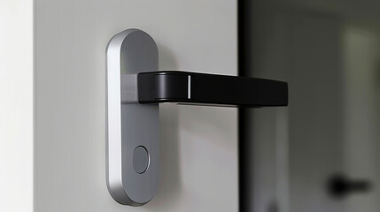 Modern electronic door lock on a wooden door, concept of security and smart home technology