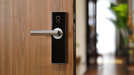 Modern electronic door lock on a wooden door, concept of security and smart home technology - obrazy, fototapety, plakaty