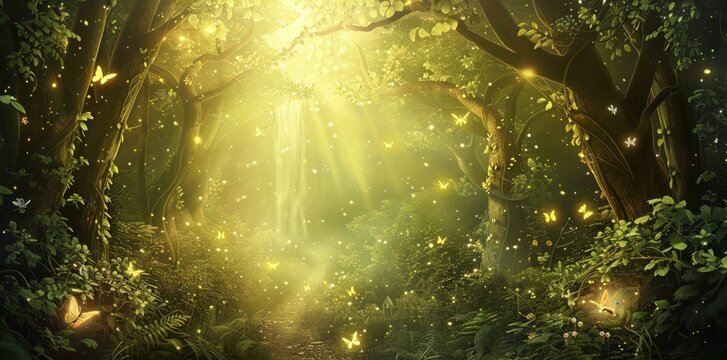 Idyllic woodland setting teeming with colorful butterflies and glowing fireflies, painting a scene of ethereal beauty and mystical allure that captivates the senses and stirs the imagination.