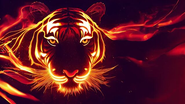 A fiery head composed of burning embers is shown in detail on a black background isolated. A AI-generated of a Chinese tiger zodiac sign.