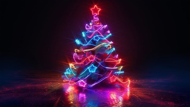 Christmas tree. Neon. Falling snowflakes. New Year snowflakes. Slowly falling snowflakes effect. Midnight snowflakes. Christmas snowflakes. Noel. Loop. Snow falling. Magic. Generative AI.