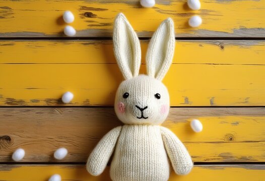 Easter Bunny Cuddly Toy on Painted Wooden Table - A Happy Easter Concept for Greeting Cards