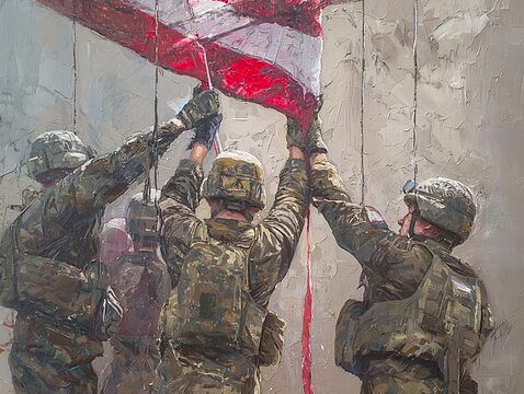 A painting of four soldiers holding a flag. The soldiers are wearing camouflage uniforms and are standing close to each other. The flag is red and white. The painting conveys a sense of unity
