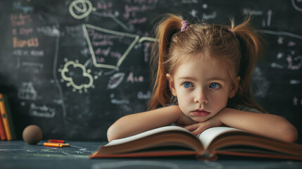  A bored young girl sits with her fingers under her chin,  lost in thought as she looks at a book. Studying, Early learning, Literacy skills