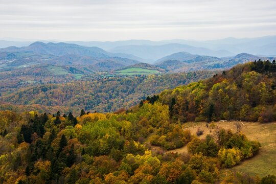 Scenic view of hills with colorful autumn trees. Sitno hill in Stiavnicke Vrchy, Slovakia.