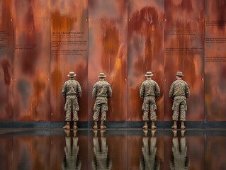 Four men in military uniforms are standing in front of a wall with a quote on it. They are looking at the wall and seem to be in a reflective mood