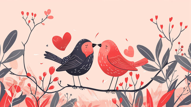 illustrator flat color style Valentine's Day card invitation background with a picture of a couple birds in love.