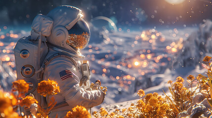 A man in a spacesuit is standing in a field of flowers