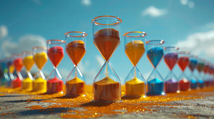 A row of colorful sand timers are lined up in a row - obrazy, fototapety, plakaty