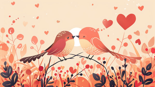 illustrator flat color style Valentine's Day card invitation background with a picture of a couple birds in love.