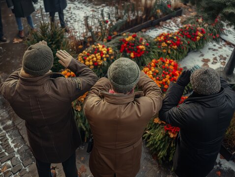 Three people are standing in front of a flower arrangement, one of them is wearing a hat. Scene is peaceful and serene, as the people are admiring the flowers