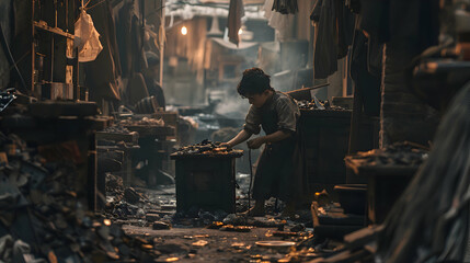 A child laborer toiling away in a dimly lit sweatshop - obrazy, fototapety, plakaty