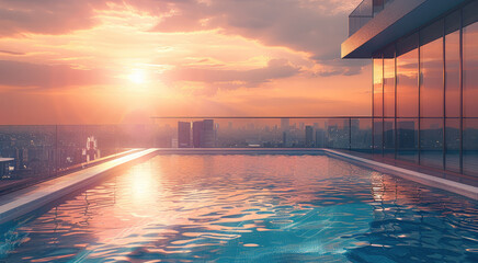 Indoors pool of a modern minimal sleek luxury penthouse, during a stunning colorful sunset with view on the city skyline. Generative AI. - obrazy, fototapety, plakaty