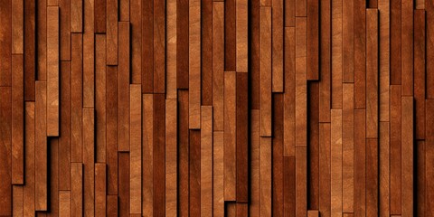 Close up of randomly shifted offset vertical wooden long thin rectangle blocks surface background texture or hardwood wallpaper template