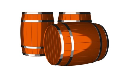 Three cartoon or toon drawing wooden wine or whiskey barrels, casks or kegs atanding and lying in front on white background