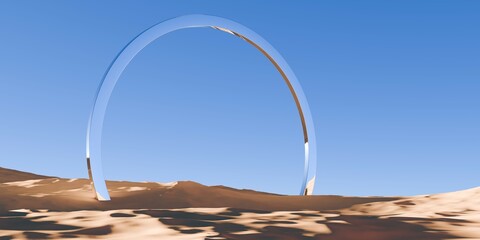 Chrome retro ring portal object in surreal abstract desert landscape with blue sky background, geometric primitive fantasy concept