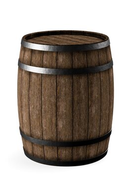 Single wooden wine or whiskey barrel, cask or keg made from rustic oak wood on white background