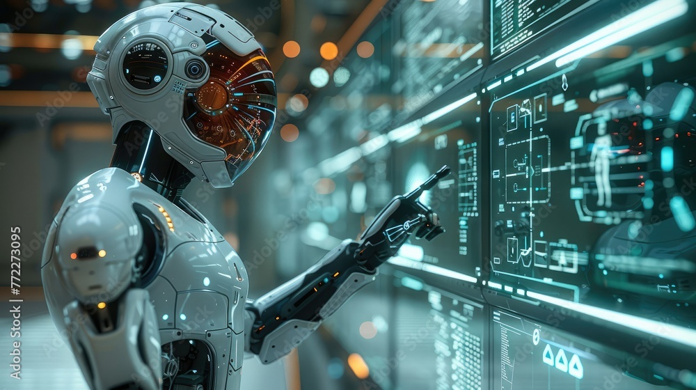 Poster A robot pointing at a holographic screen. Generative AI.