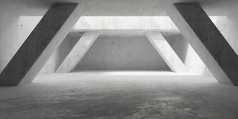 Abstract empty, modern concrete room with diagonal pillars in the front and back, ceiling opening and rough floor - industrial interior background template