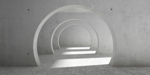 Abstract empty, modern concrete room with row of round circular doorframe openings and rough floor - industrial interior background template - 772273039