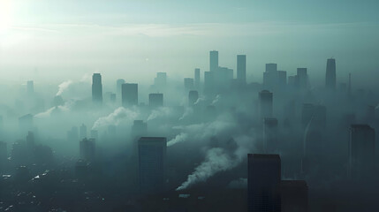 A city skyline obscured by thick smog and pollution