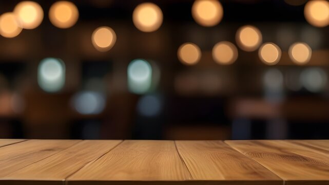 Empty wood table top on blur light gold bokeh of cafe restaurant in dark background Generative AI