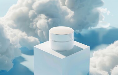 Isometric view of a cream packaging design, the brand and product details, minimal background shows the sky and clouds