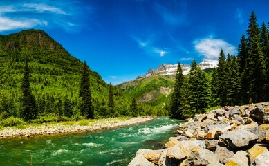 A river surrounded by mountains and forest trees in in Montana, Glacier National Park