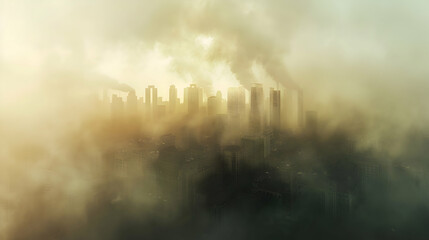 A city skyline obscured by thick smog and pollution - obrazy, fototapety, plakaty