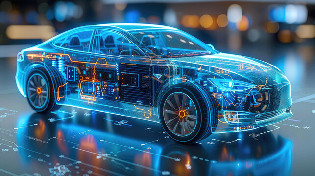 Technical engineering drawing of a New energy car, where the battery is visible, Operating system icon, 3D icon, blue frosted glass white acrylic material, The battery panel glows blue. Generative AI.