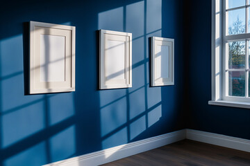 Morning light casts geometric shadows across three blank white picture frames on a deep blue wall near a bright window
