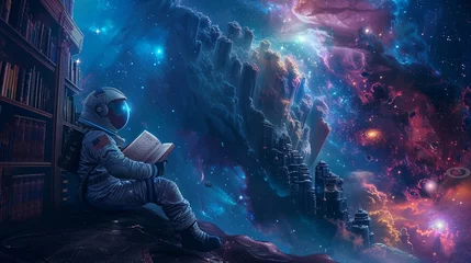 Tuinposter Astronaut discovering Mahabharata manuscript in a space library, nebula light, dawn, mystical © Samaphon