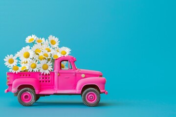 bright pink toy truck full of daisies on a bright blue background