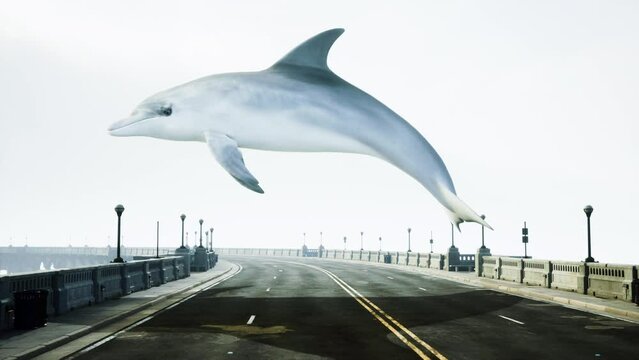 Flying Dolphin Soars Over Road