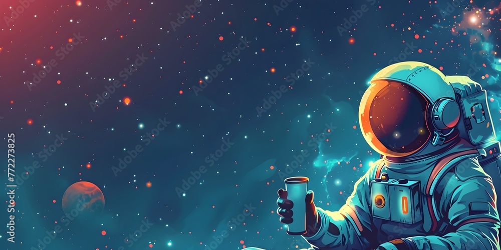 Poster cosmic cafe character serving intergalactic travelers in the diner of dimensions with copy space