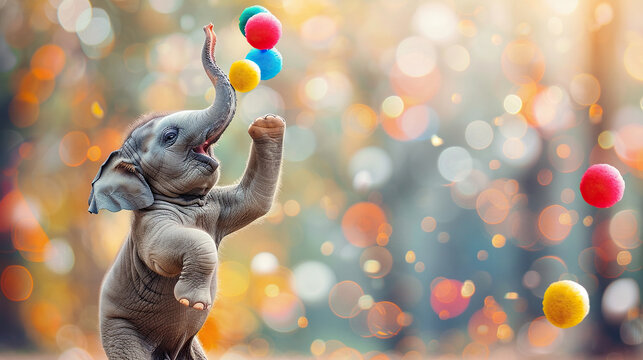 World Circus Day. Holiday concept. Template for background, banner, card, poster, elephant in circus performing juggling with balls 
