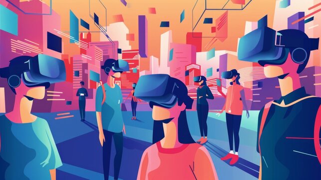 Virtual Reality. Metaverse flat vector illustration. Concept of future innovations. People and interacting with virtual reality
