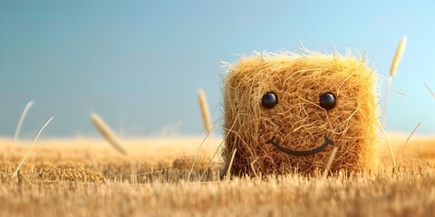 a hay bale character resting peacefully in a tranquil countryside setting after the harvest The plump