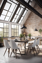 Fototapeta premium Loft style dining room. Dining table with chairs. Mock up interior photo. Chairs at dining table in dining room with flowers. Kitchen island and table in contemporary apartment interior.